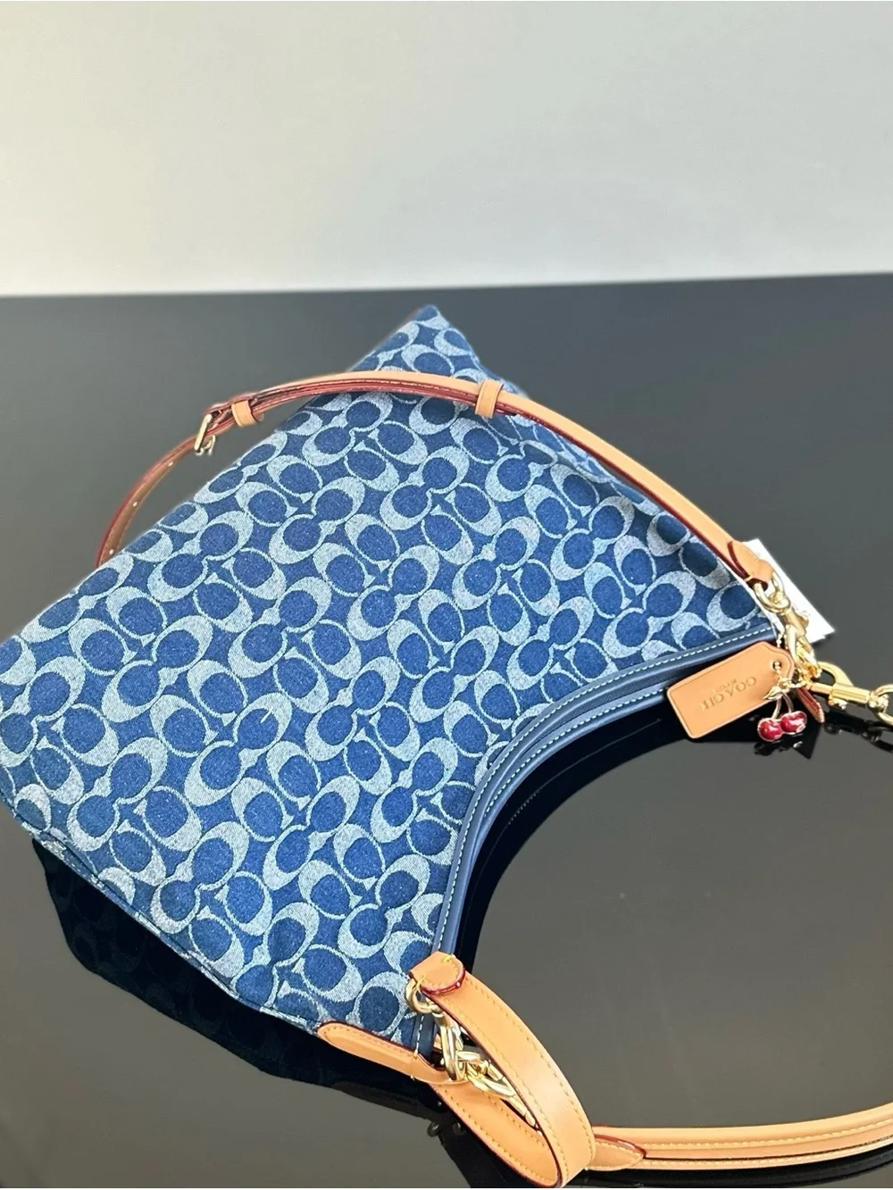 Coach Blue Signature Denim Shoulder Hobo with Tan Leather Strap